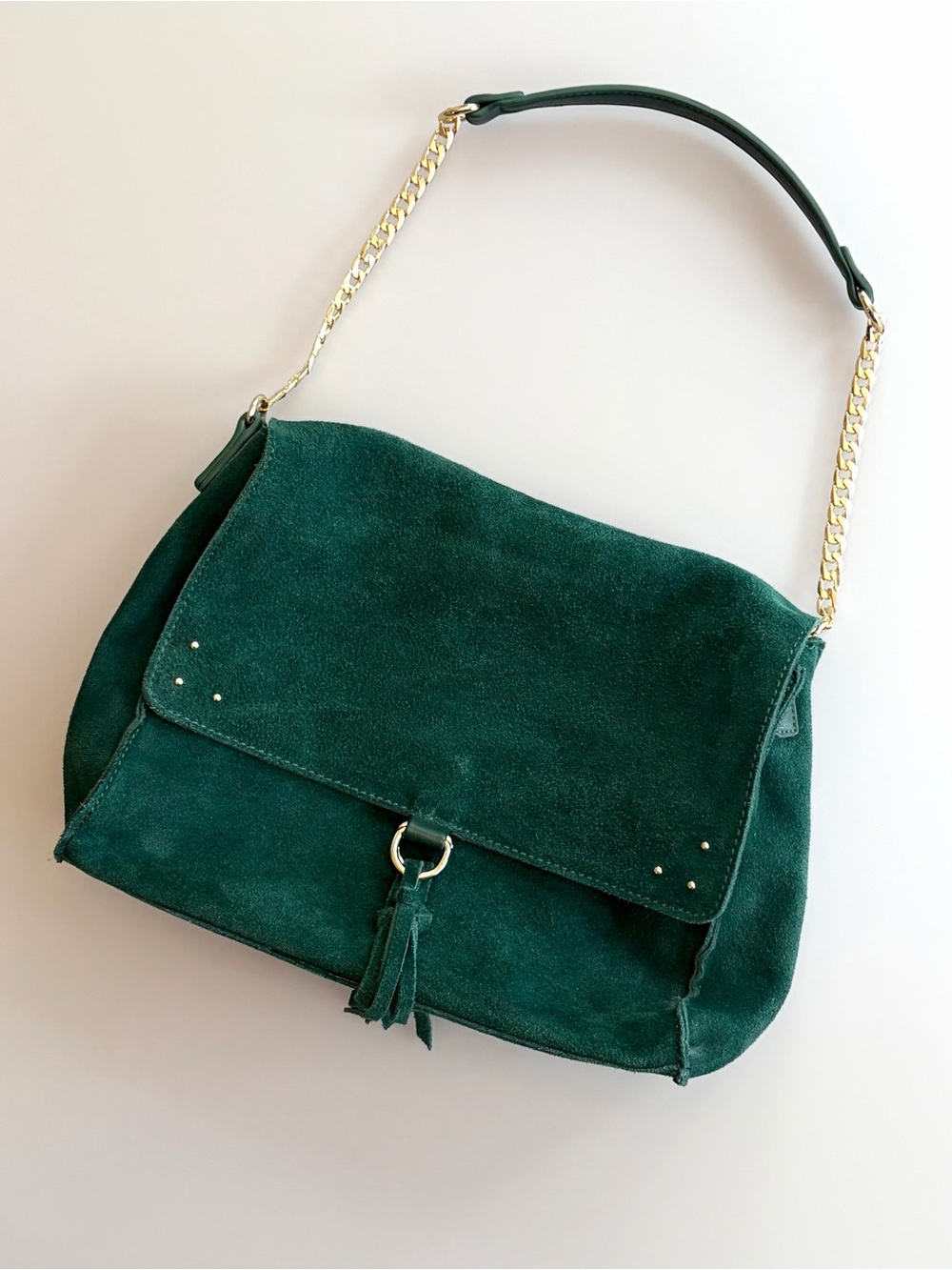 Suede Flap Satchel with Fringe Tassels in Emerald Green